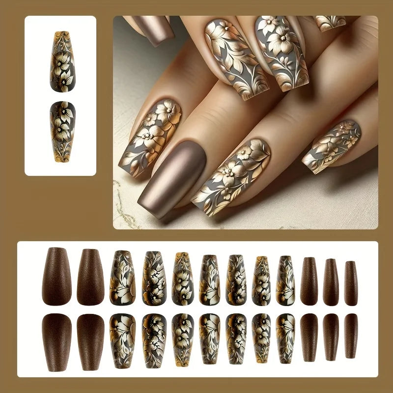 Retro Press On Nails Glossy False Nails With Golden Floral Accents For Women