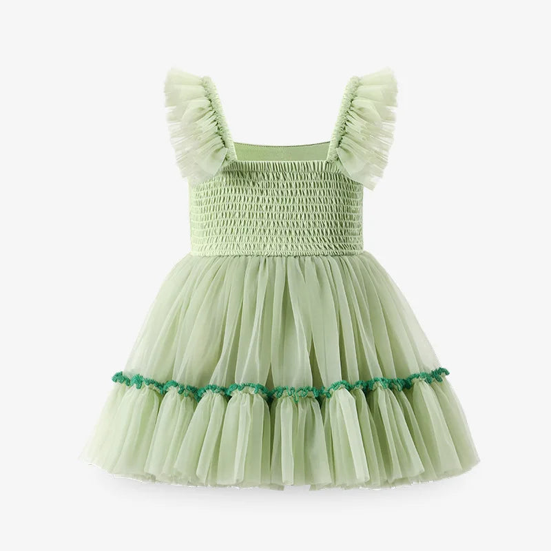 Summer Kid Girl Party Dress Sleeveless Solid Suspenders Perform Mesh Princess Dresses