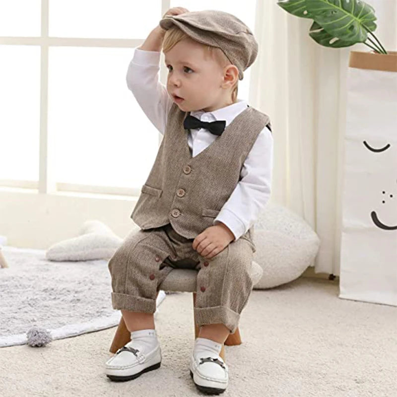 Boy Formal Clothes Set Baby Boys Gentleman Birthday Party Romper Outfit With Hat Vest Long Sleeve Infant Jumpsuit Suit