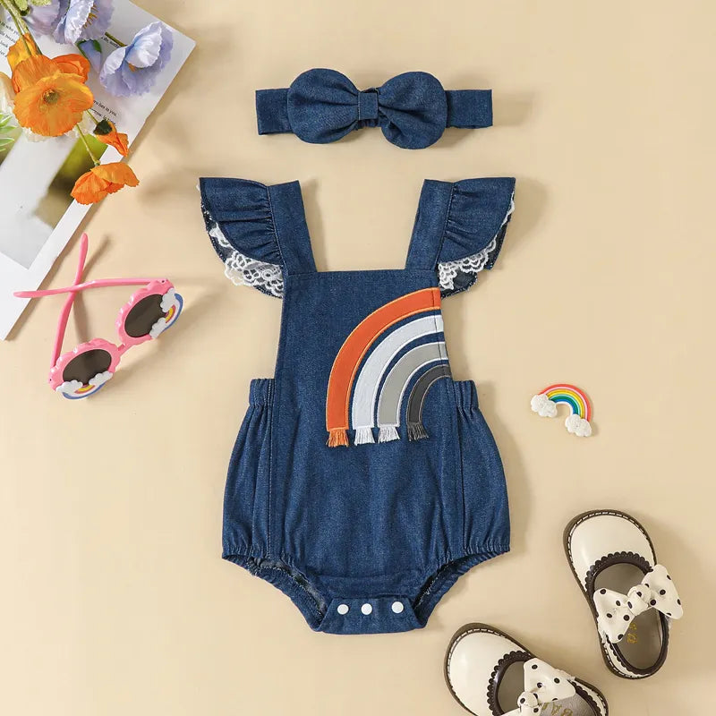 Newborn Girl Bodysuit Outfit Embroidery Rainbow Fly Sleeve Romper with Bowknot Hairband