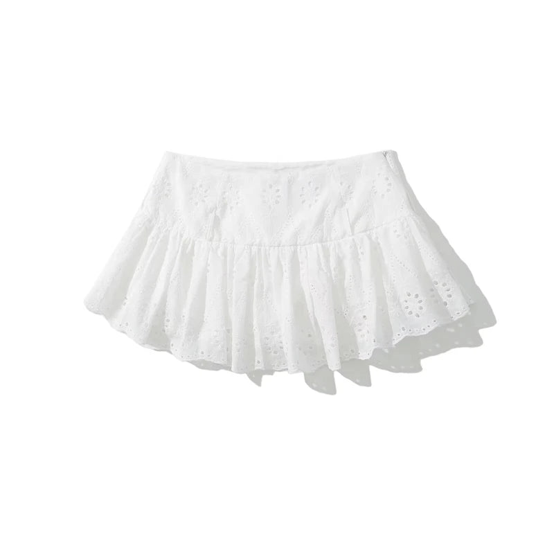 Women's Hollow out Embroidery White Mini Skirt Side Zipper Low waist A Line Lace