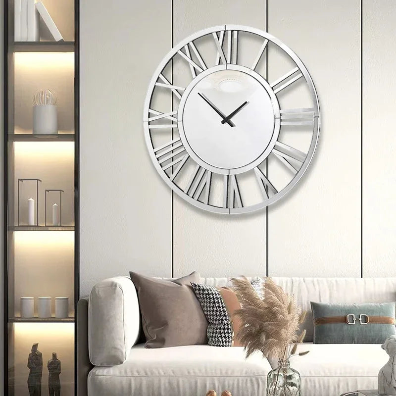 Wall Clock Glass Mirror Modern Decorative Roman Large Silver Wooden Round 3D Clock