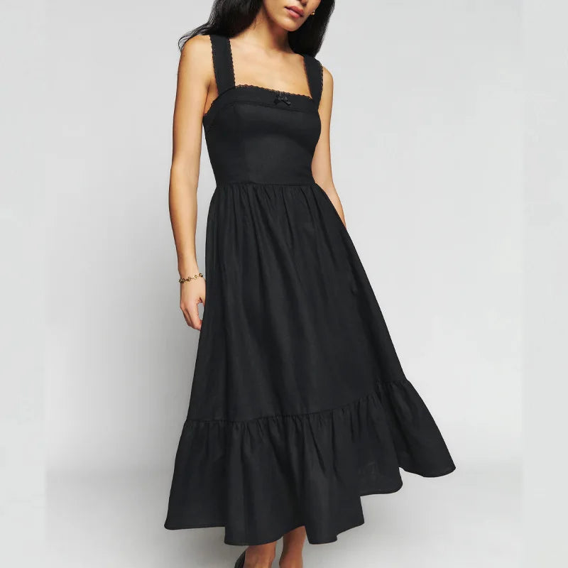 Spring and Summer Women Square Neck Waist Strap Dress