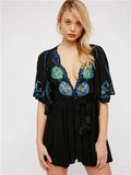 Summer Embroidery Flower Dress Romantic Short Split Dress Boho Holiday Mini Dress A-line