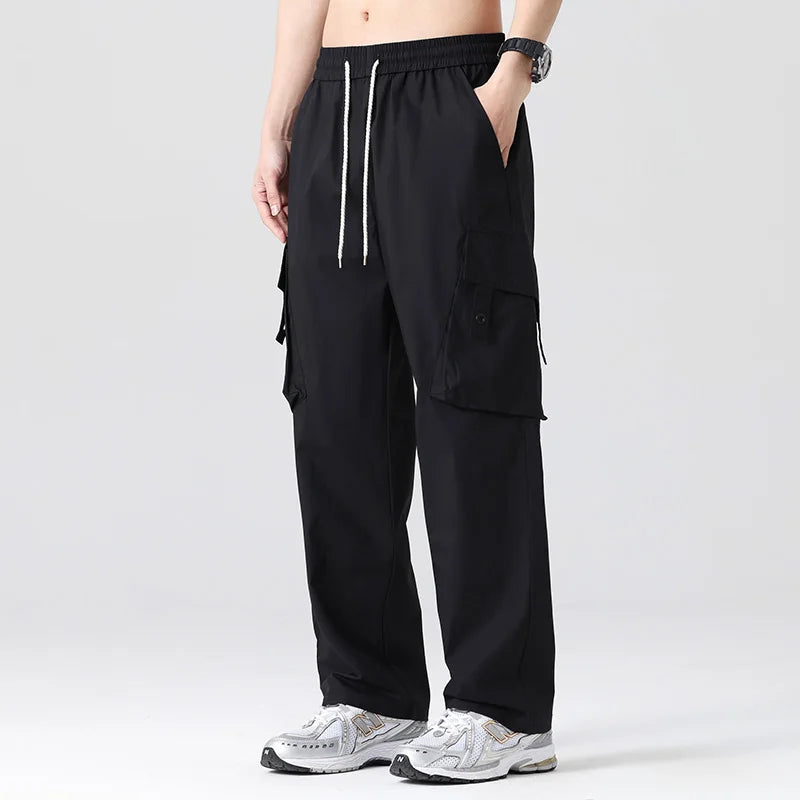 Men Cargo Pants Loose Casual Pants Straight Slanted Pocket Pants