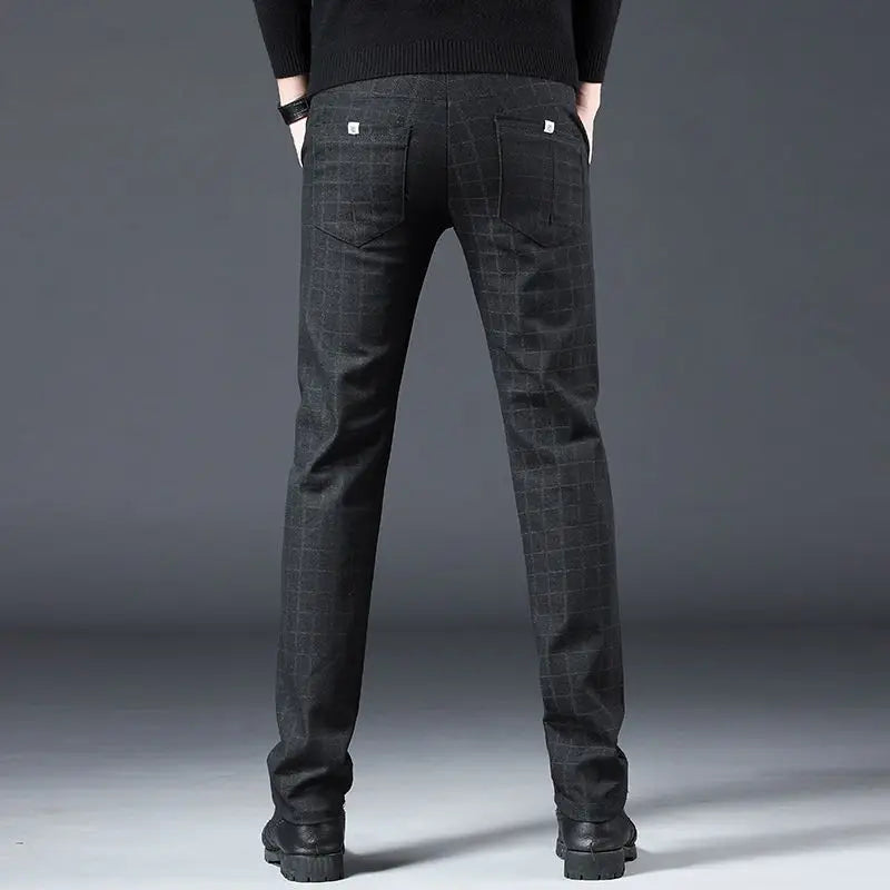 Streetwear Men Striped Plaid Suit Pants Spring Autumn Casual Grey Straight Slim Trousers