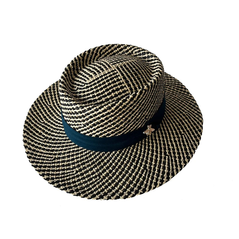 Women Summer Sun Straw Hats Handmade Crochet Concave Top Bee Fedoras Caps