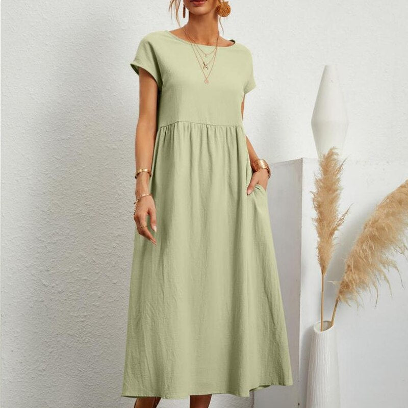 Women Short Sleeve Maxi Dresses Women O Neck Cotton Linen Long Dress Casual Loose Dress with Pocket