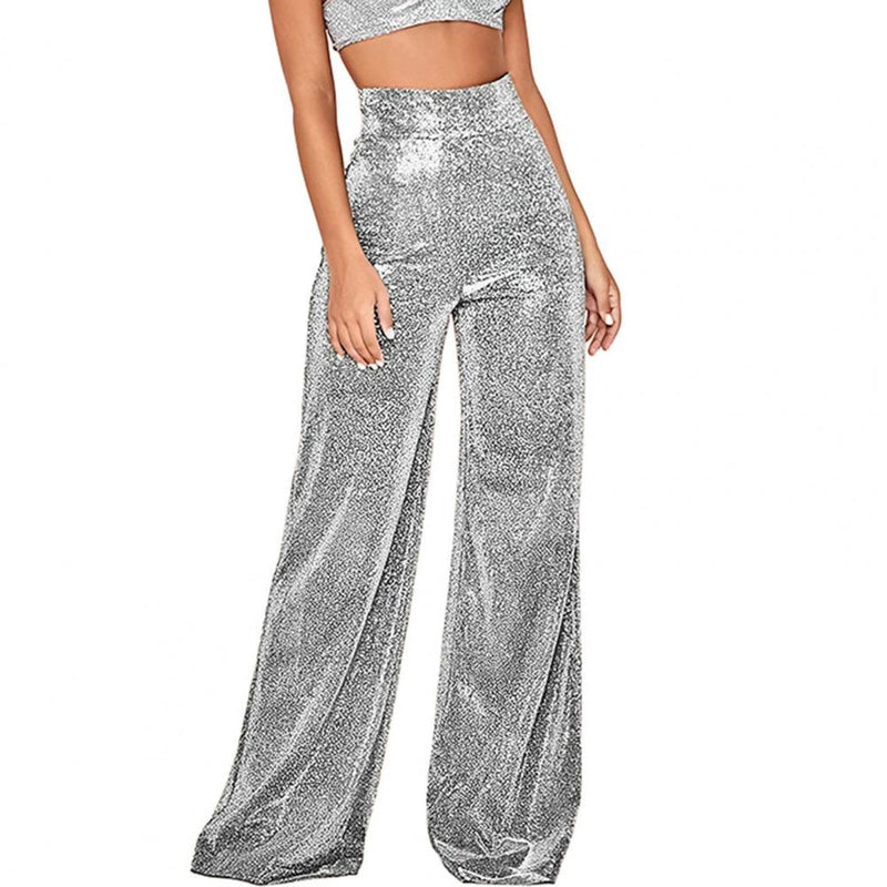 Sparkling Women Pants Shiny Solid High Waist Spring Temperament Loose Straight Wide Leg Trousers Female Clothes