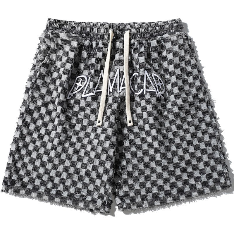 Men Plaid Shorts Streetwear Hip Hop Embroidery Letter Baggy Shorts Summer Elastic Waist Pants Blue