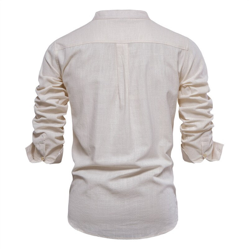 Men Linen Shirt Casual Solid Breathable Top Embroidered Standing Neck Slim Fit Shirt