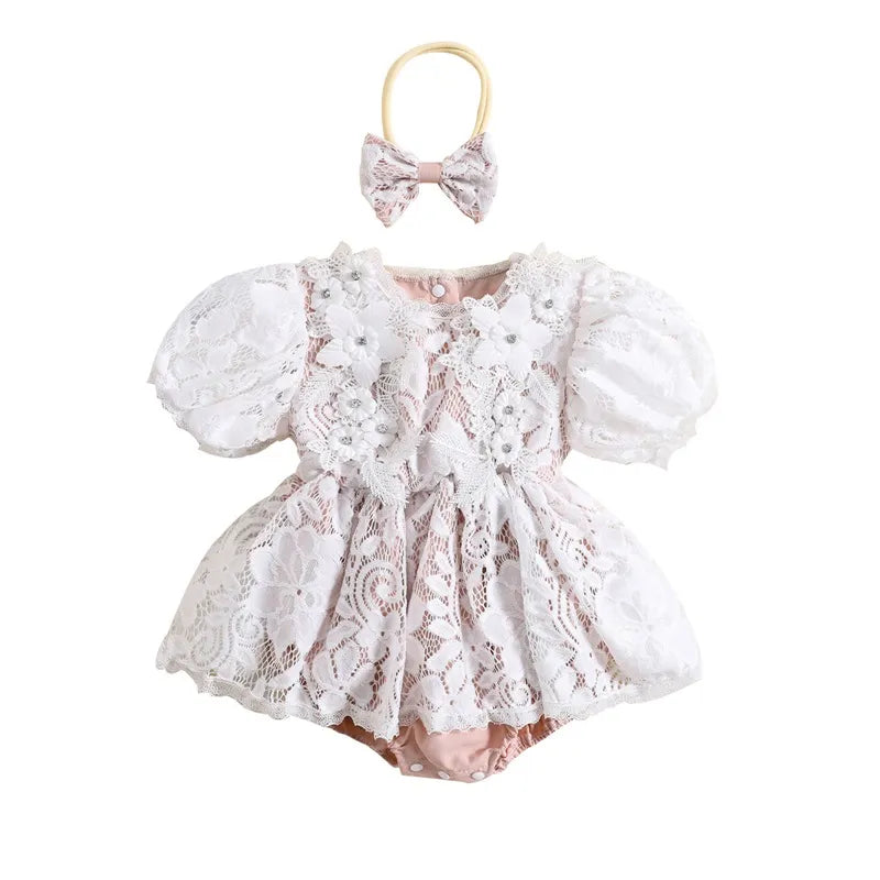 Summer Infant Newborn Girl Outfit Short Sleeve Lace Patchwork Bodysuit Bowknot Headband Clothes