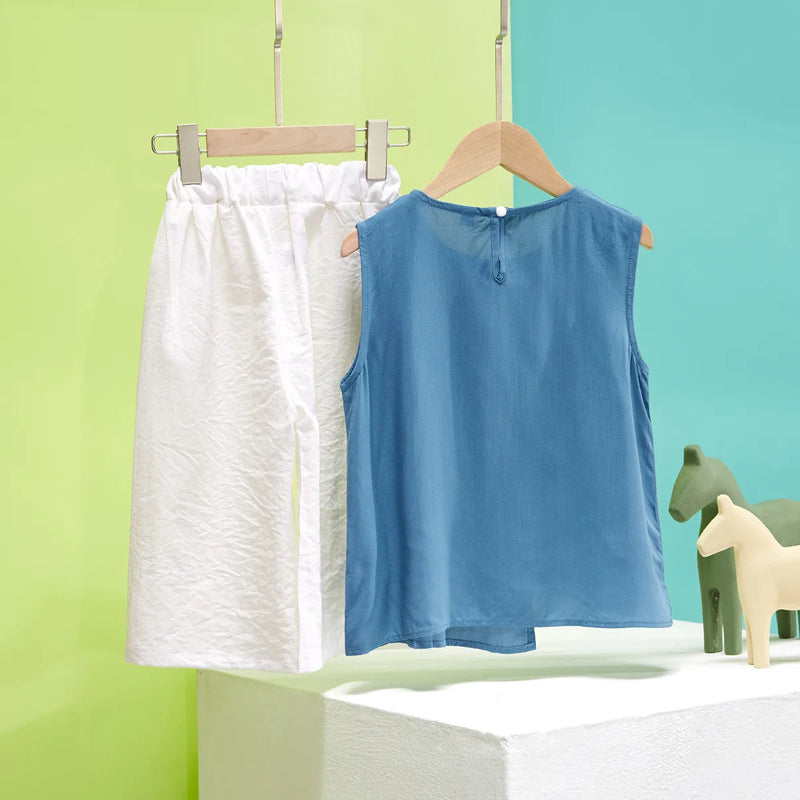 Sleeveless Blue Top with White Bow-Detail Shorts for Girls