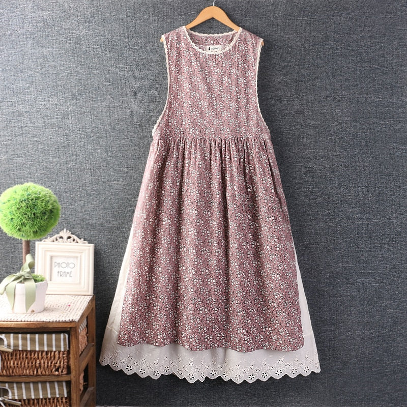 Summer Women Cotton And Linen Loose Floral Dress Vest Dress