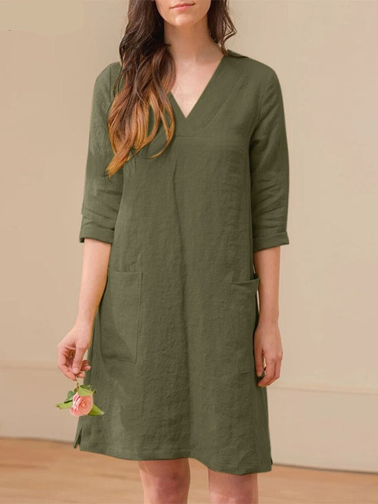 Summer Short Sleeve Dress Casual Solid Party Women V Neck Robe Knee-length Elegant Work Sundress