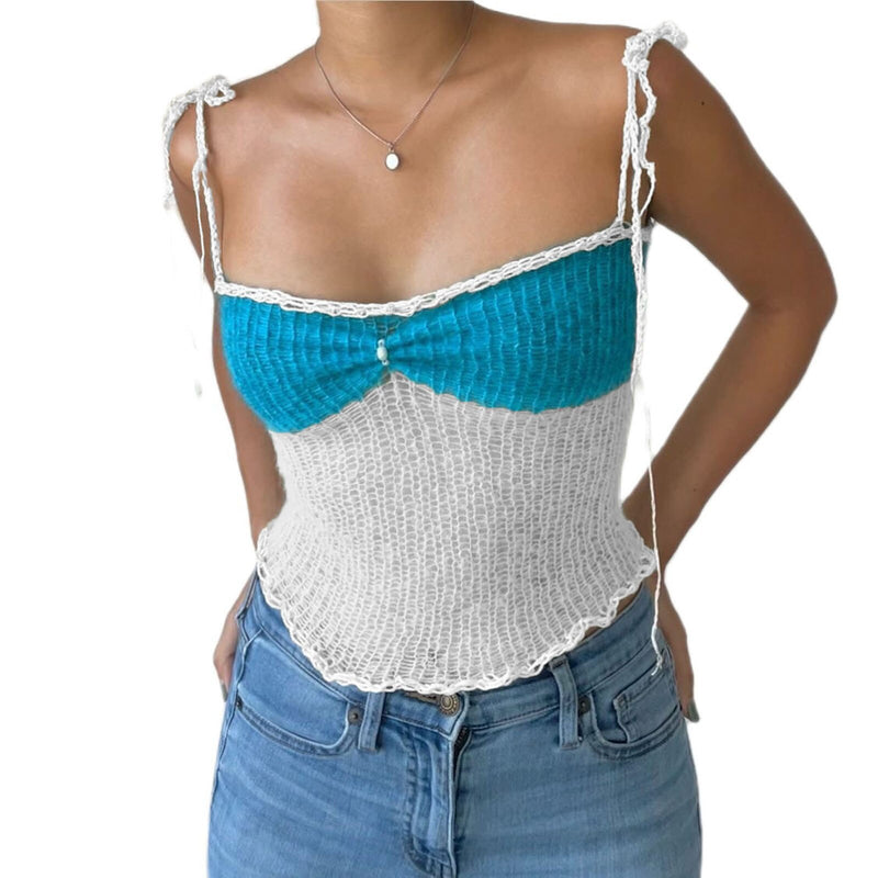 Women Crochet Knit Crop Camis Pearl Backless Top Sleeveless Lace-up Beach Camisole Trendy Streetwear