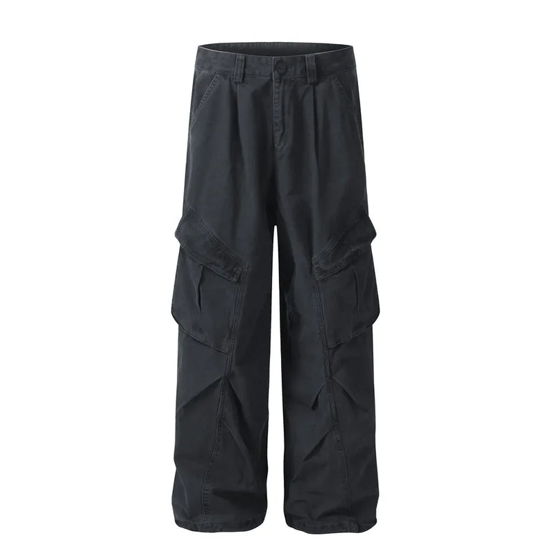 Spliced Pocket Cargo Pants Men Safari Loose Pleated Straight Wide Leg Trousers Men