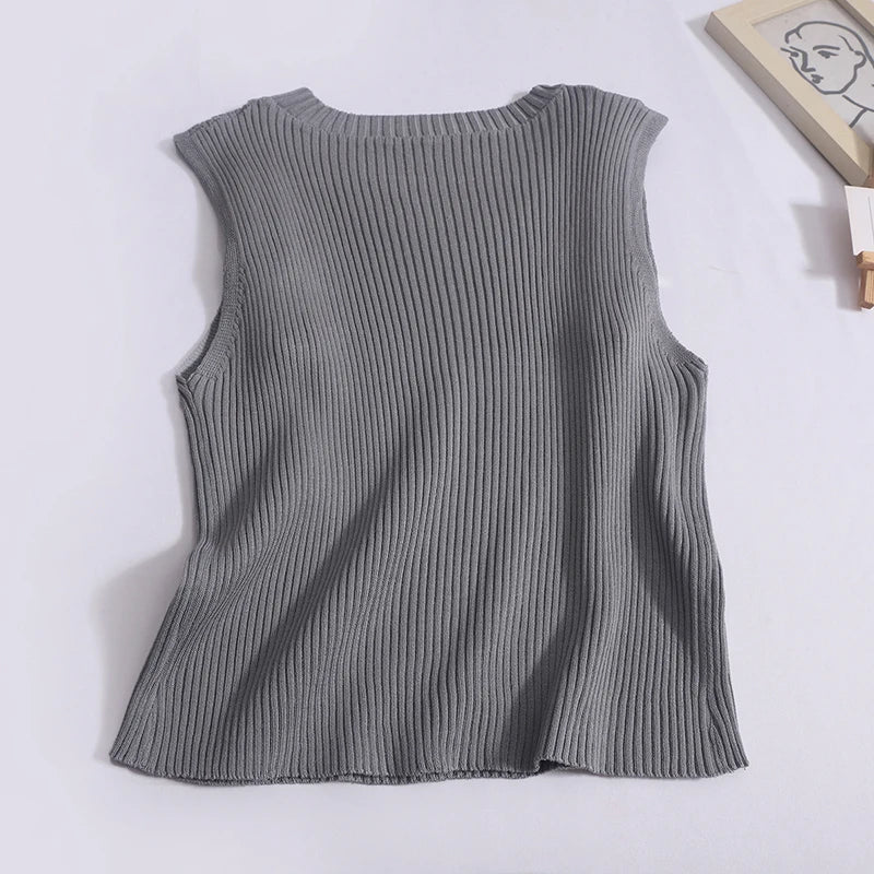 Women Tank Top Shoulder Belt Decoration Elastic Crop Top Sleeveless Knit Shirt Spring Summer