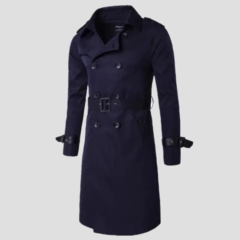 Mens Spring Autumn Windbreak Overcoat Long Trench Coats with Belt Male Pea Coat Double Breasted