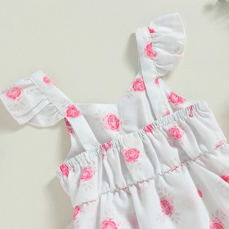 Summer Infant Baby Girls Casual Bodysuit Dress White Flying Sleeve Floral Print Jumpsuit Bow Headband Clothes