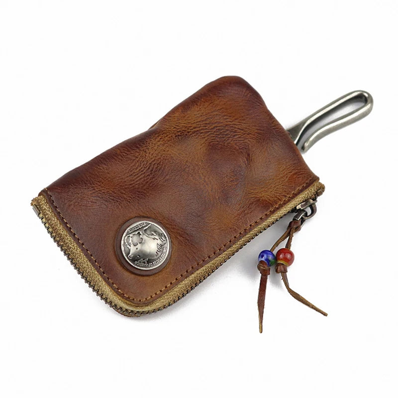 Unisex Retro Real Leather Key Bag Zipper Key Card Bag Door Car Key Holder Organizer Pouch