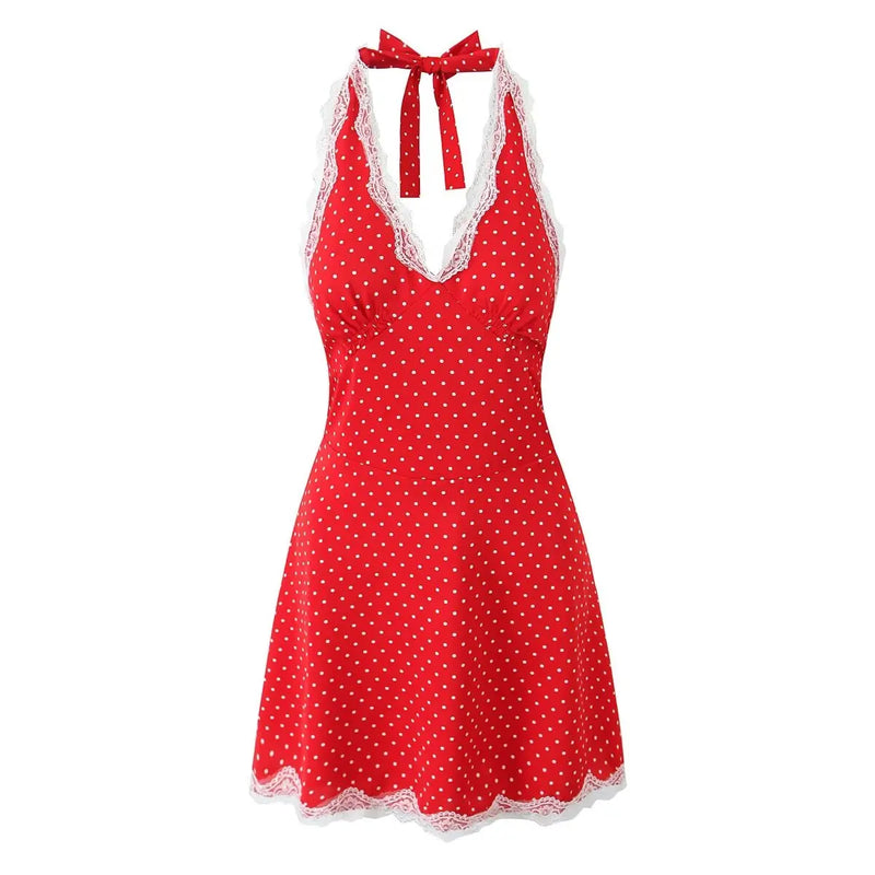 Backless Lace Patchwork Halter Dress For Women Dresses Style Polka Dot Short Robe