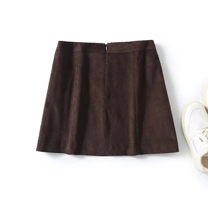 Women Modern Retro Corduroy Skirt High Waist A-line Mini Skirts Brown