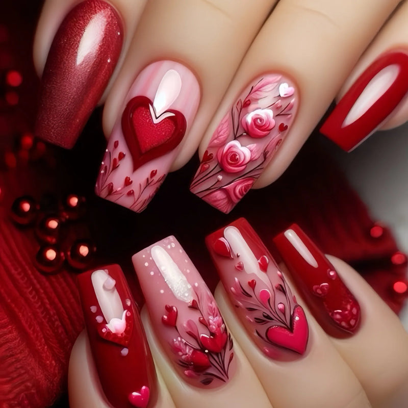 24pcs/set medium long nails beautiful rose flowers heart for Valentine's Day Wedding party press on nail