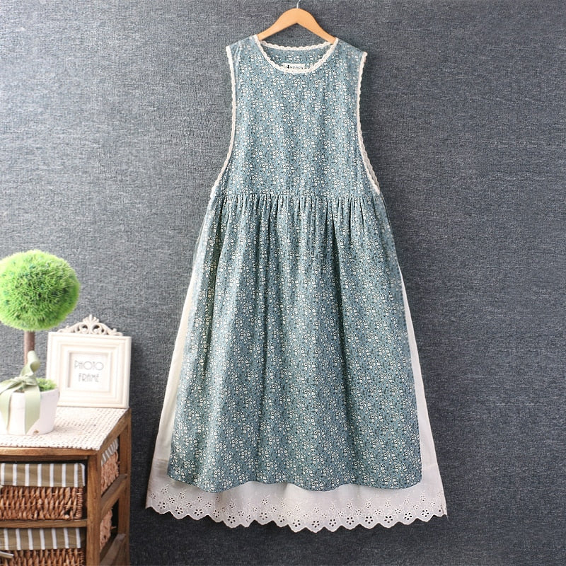 Summer Women Cotton And Linen Loose Floral Dress Vest Dress