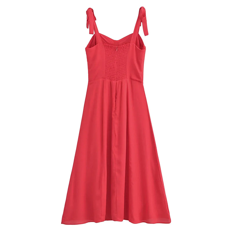 Summer French Solid Red Women Dress Bodycon Tie Bow Strap Sleeveless Dress Sexy Beach Women Party Dress Vintage Female