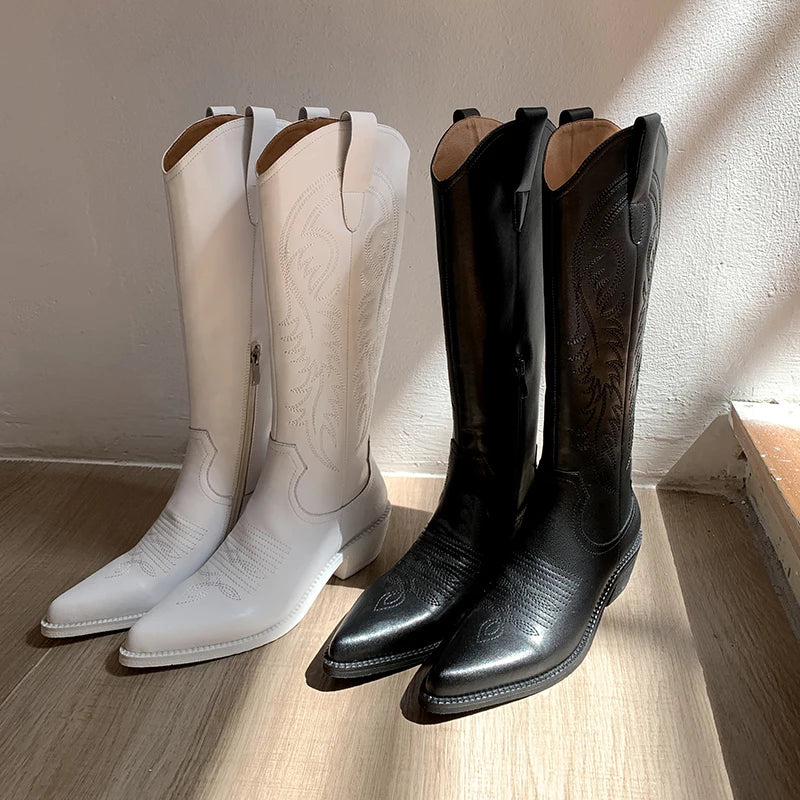 Genuine Leather Western Boots Square Med Heels Winter Women's Boots Cool Female Zipper Knee High Boots