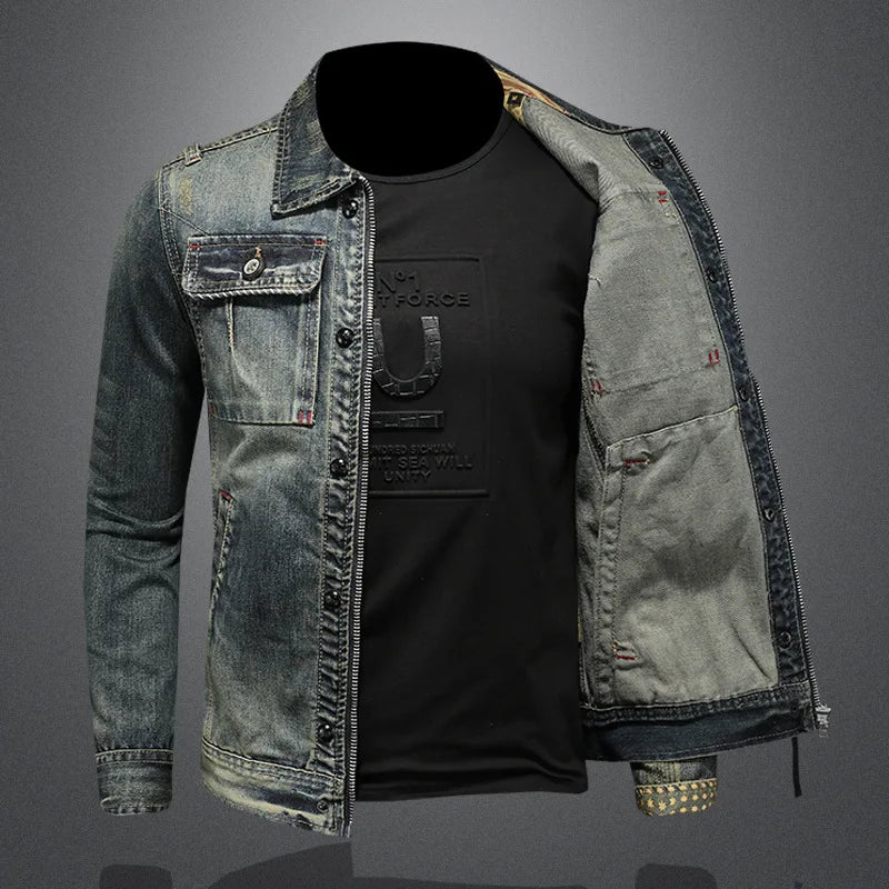 Men Retro Denim Jackets Motorcycle Jean Coats Outerwear for Male