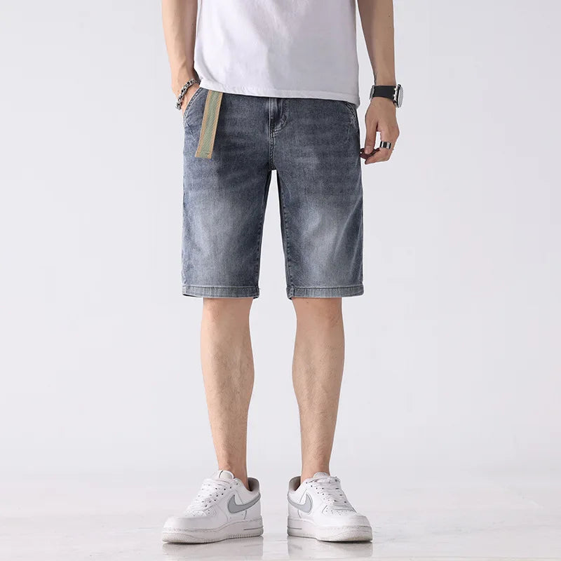 Denim Shorts Men Summer Thin Loose Casual Cropped Pants Embroidered Printed Washed Stretch Soft Middle Pants