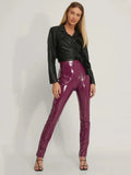 Women Shiny Leather Bodycon Pants Ladies Slim Stretch Pencil Trousers Clubwear