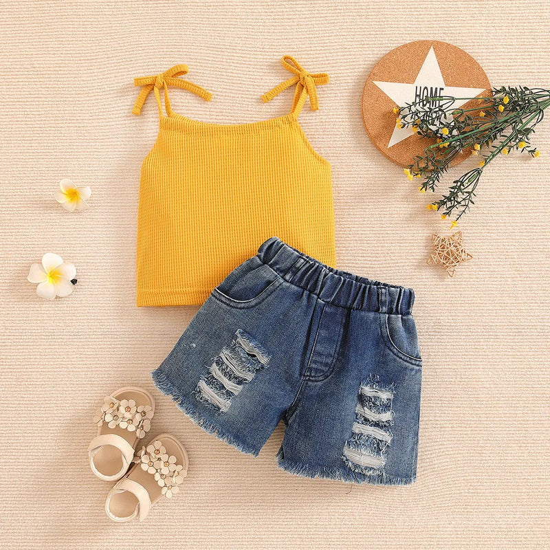 Baby Girls Summer Clothes Brief Sleeveless T-shirt Denim Shorts Clothing Set