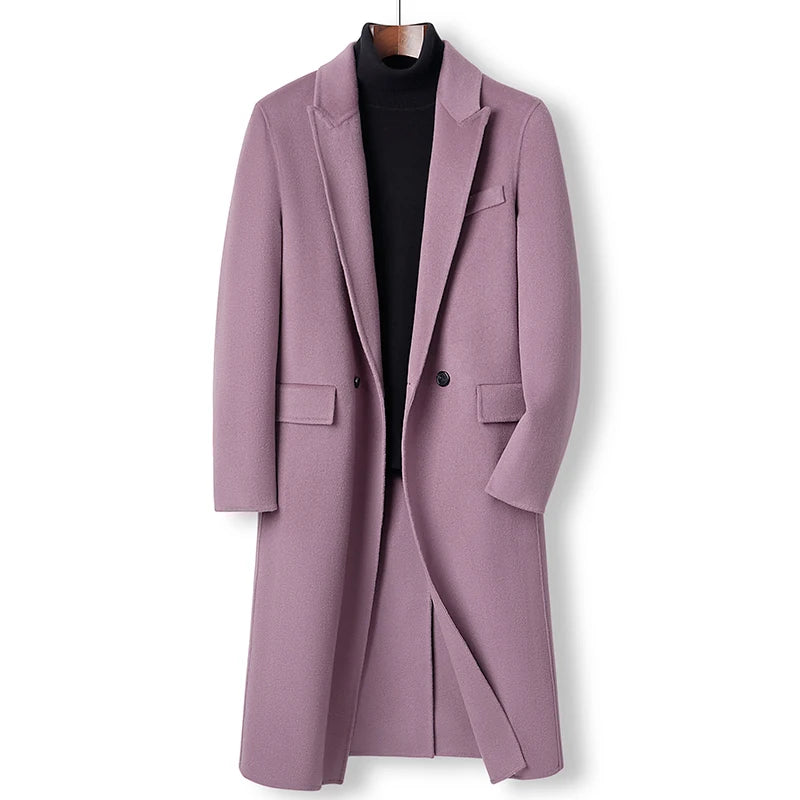 Winter Men Cashmere Coat Double Breasted Suit Collar Wool Jacket Purple Trenchcoated