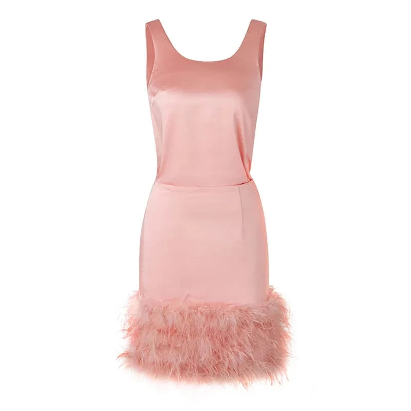 Summer Luxury Satin Fabric Vest Top Mini Skirt Sweet Pink Feather Sets Suits