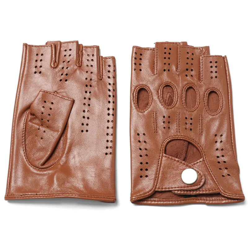 Bike Fingerless Leather Gloves For Men Male Bright Lined Locomotive Black Handschuhe