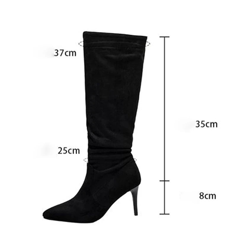 Women Long Boots Flock Pointed Toe Thin Heels 7.5cm Slip On Large Size 47 48 High Bota