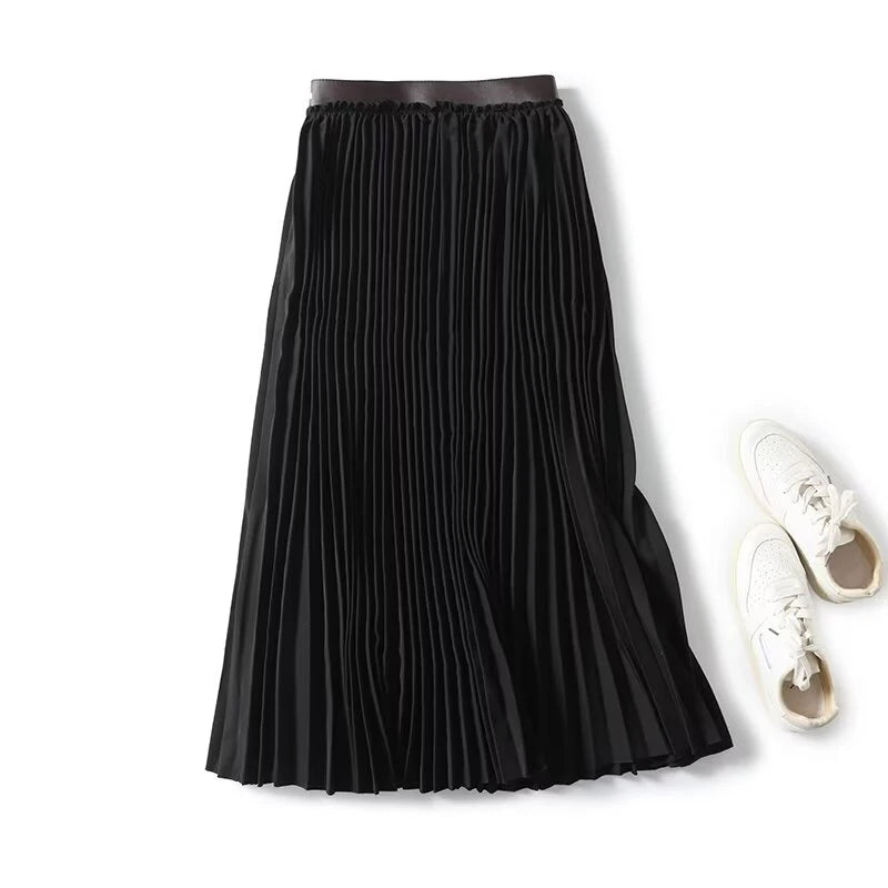 Women Leather Patchwork High Waist Pleated Skirt Lady Elegant Midi Skirts