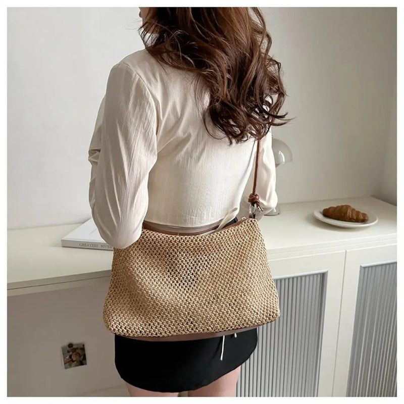 Rattan Straw Bag Fashion Woven Large Capacity Handbag Handmade Braid Shoulder Bag Summer Beach