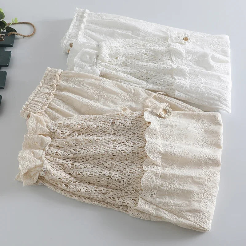 Lace Flower Embroidery Hollow Out Pants Women Kawaii Elastic Waist Ruffles Casual Loose