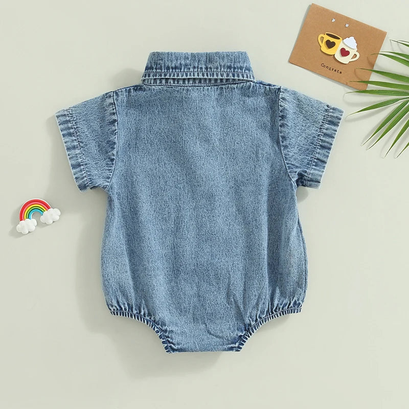 Infant Denim Romper Short Sleeve Turn-Down Collar Baby Jumpsuits Summer Buttons Casual Bodysuits for Infant Boys Girls