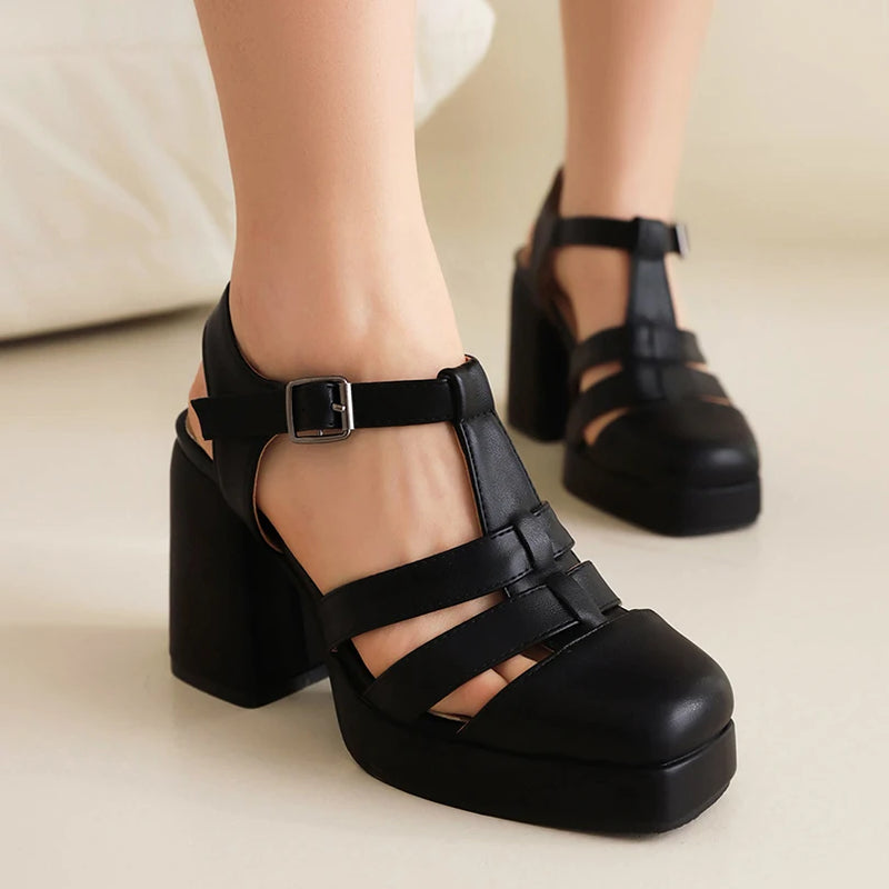 Back Strap Ankle Buckle Breathable Women Sandals High Thick Heel Sandals