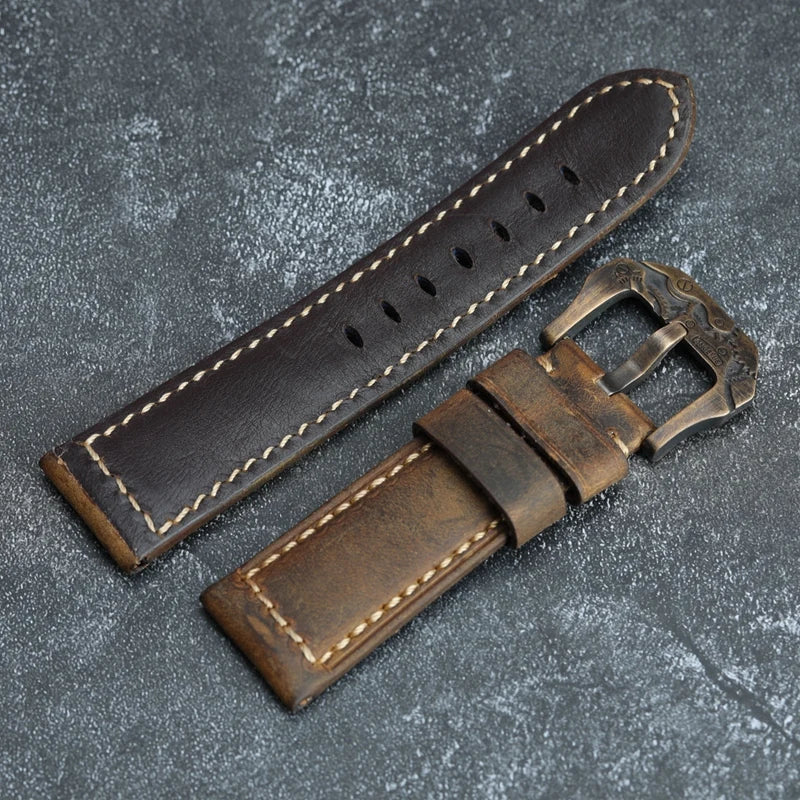 Handmade Vintage Leather Watchband Bronze Watch Buckle 22 24 26MM Brown Men's Bracelet Vintage Style