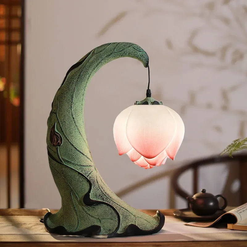 Contemporary Lotus Table Lamp Retro Room Villa Hotel Art Decorative Desk Light