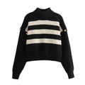 Launch Buttons Decoration Women Mock Neck Striped Sweater Knitted Top Pullover