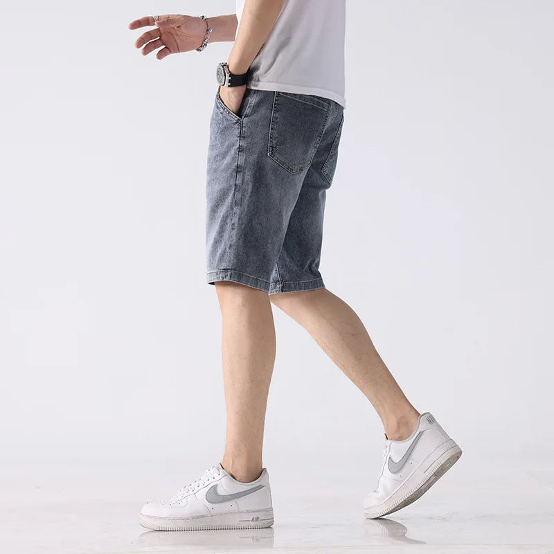 Denim Shorts Men Summer Thin Loose Casual Cropped Pants Embroidered Printed Washed Stretch Soft Middle Pants