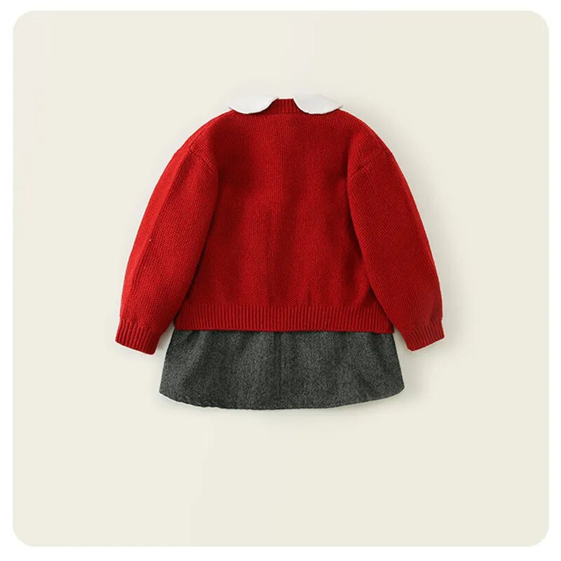 First Birthday Party Dress Set for Baby Girls Kids Red Knitted Cardigan