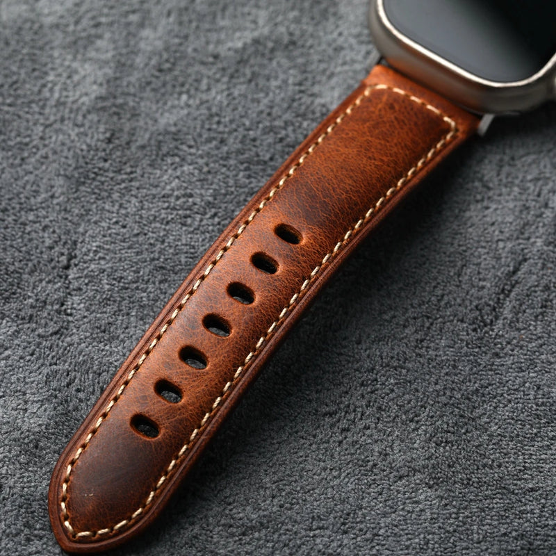 Tough Italian Top Layer Watchband For Apple Watch Ultra2 Thickened Men Vintage Bracelet Brown Strap